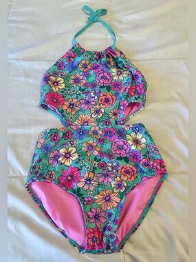 Cat & Jack Girls Teal Floral Side Cutout Halter One-Piece Swimsuit size L 10/12